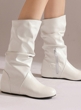 秋冬皮靴坡跟内增高中跟中筒女蓝色绿色紫色红色白色靴子大码 LJC