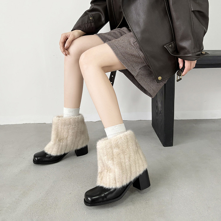 秋冬皮靴方头粗跟高跟短靴女毛毛靴棕色靴子短筒厚绒保暖真皮靴JD