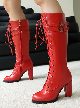 外贸秋冬皮靴红色靴子高筒粗跟高跟长靴女白色杏色粉红色大码 MSZ