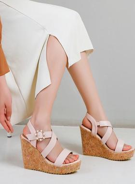 鞋女性感2021年夏季凉鞋女松糕厚底鞋子粉红色坡跟女鞋大码 PCSA