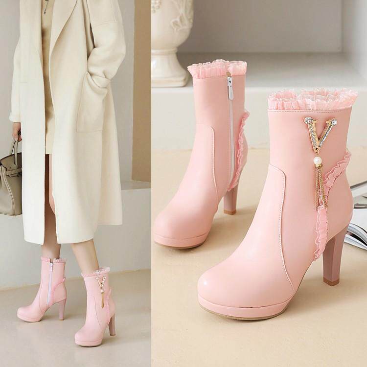 鞋子秋冬婚鞋花边圆头粉色甜美粗跟高跟大码短靴 43 小码 32 ytx