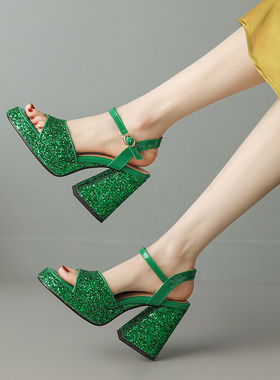 夏季金色银色白色绿色欧美外贸亮片粗跟高跟凉鞋女大码小码鞋 YMA