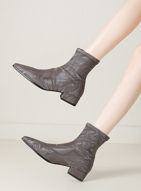 弹力瘦瘦靴尖头国风复古中跟短靴女紫色棕色绿色靴子大码女靴YMA