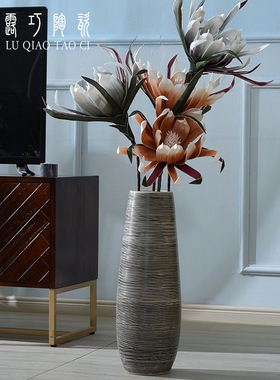 手工制作新中式花瓶摆件客厅插花禅意黑色个性落地陶瓷大花器复古