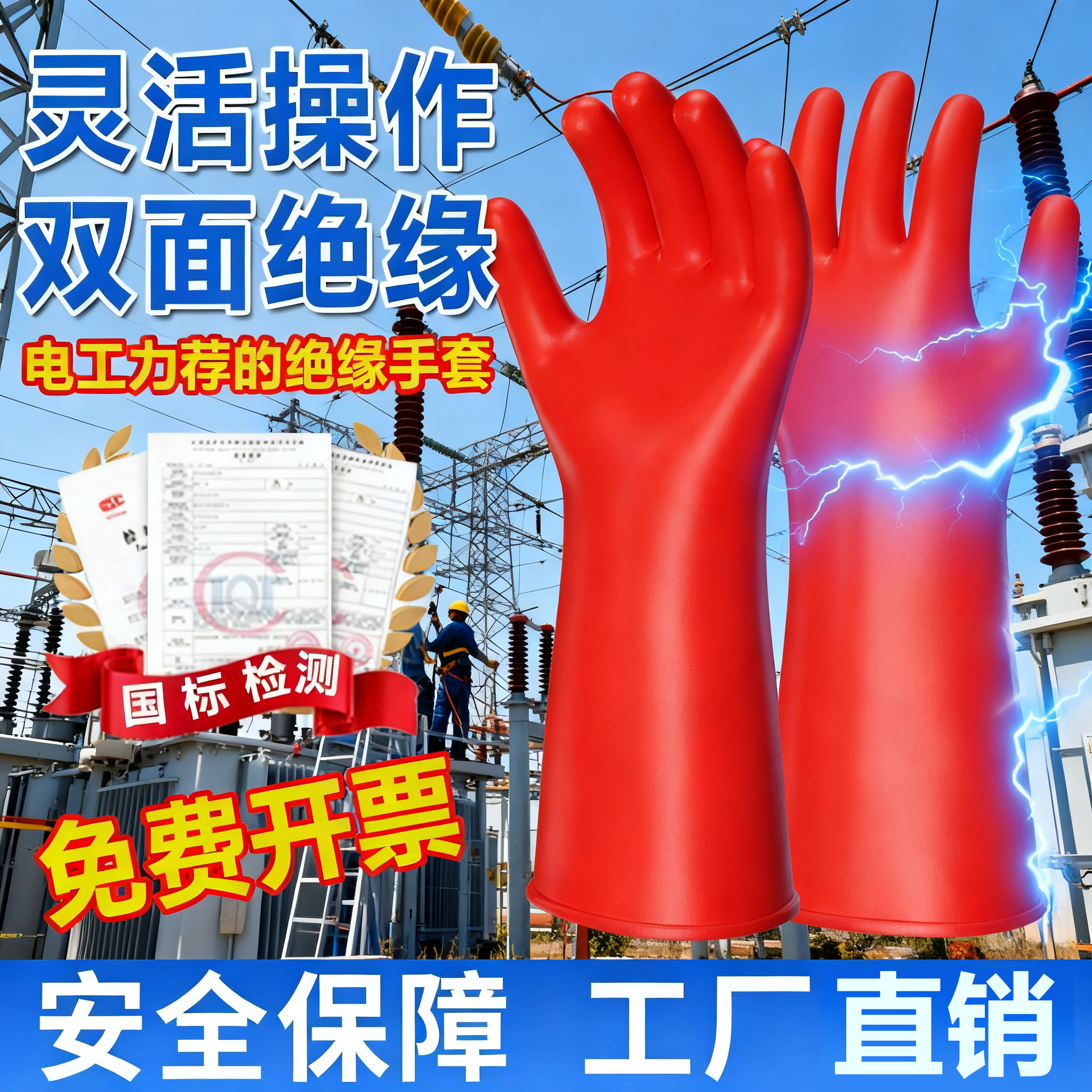 电工新能源绝缘手套1000v橡胶