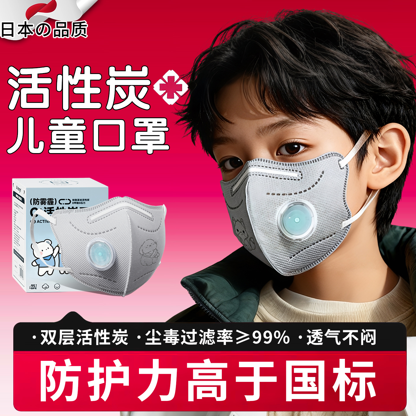 日本口罩儿童10到15岁独立包装活性炭防雾霾防甲醛专用防烟呼吸阀