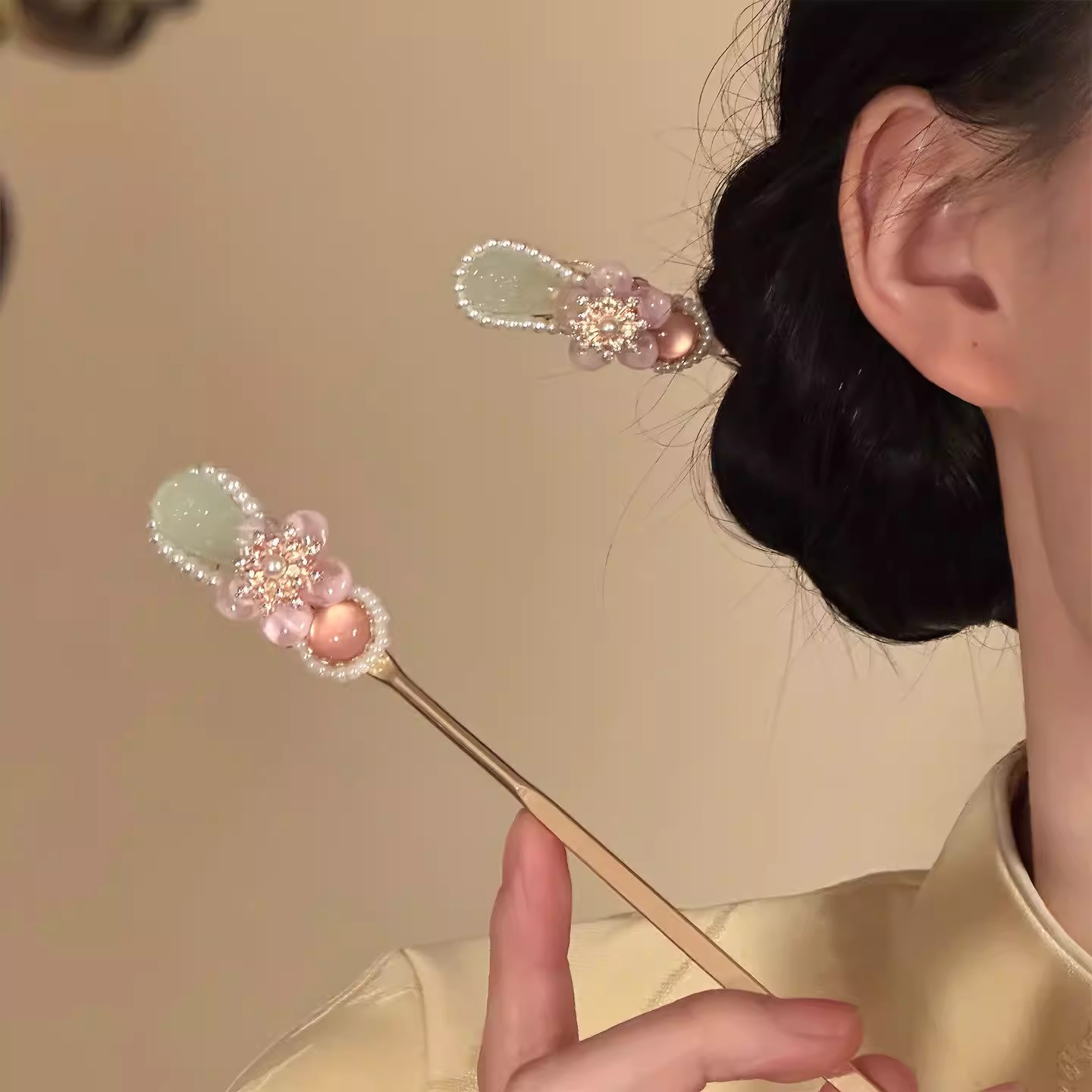 「桃花扇」超仙粉色花朵发簪新中式头饰簪子精致盘发古风发饰簪子