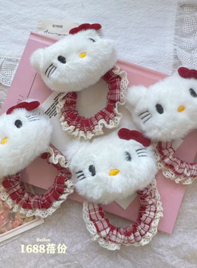 学院风毛绒Kittty猫蕾丝格纹小肠发圈元气心发绳扎发皮筋发饰