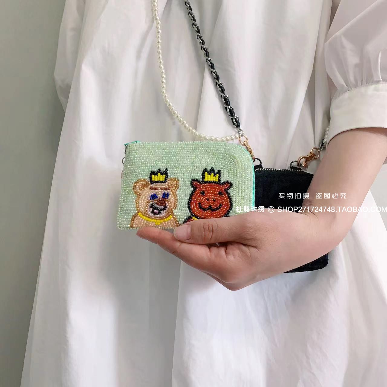 杜鹃珠绣新品卡通可爱L型横款小熊重手工串珠卡袋女手拿零钱包