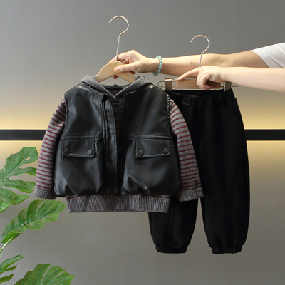 男童秋冬季加绒加厚皮马甲三件套