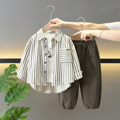 洋气儿童韩版 2026新款 条纹衬衣外套宝宝酷帅三件套 套装 男童春秋装
