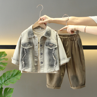 儿童洋气酷帅喷染外套三件套宝宝时髦衣服 2026新款 男童春秋装 套装