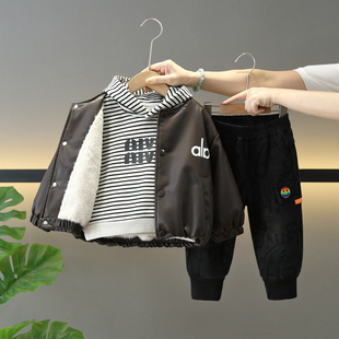 儿童加绒加厚冬装 2025新款 三件套宝宝酷帅皮衣外套潮 套装 男童冬季