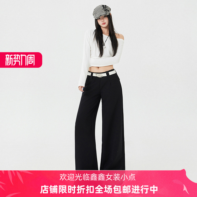 后翻盖黑色低腰休闲西装女秋冬辣妹宽松垂感直筒阔腿裤长裤&加长