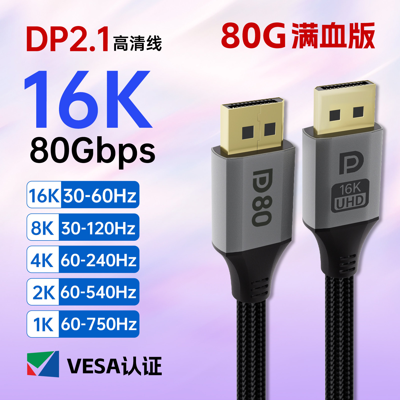 VESA认证DP2.1 80G高清线1k750hz高清线4K240hz线2K540hz满血版