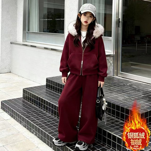 女童冬装套装2026新款女大童本命年12岁新年衣服洋气银狐绒两件套