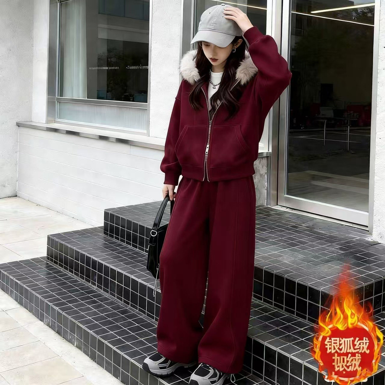 女童加绒秋冬装休闲连帽外套阔腿裤两件套韩系洋气中大童网红套装