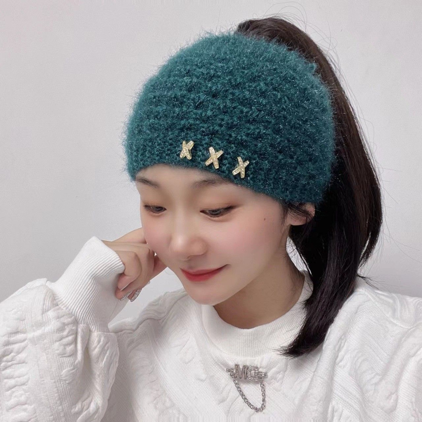 新款手工针织保暖护耳发带发箍发饰头套防风护耳毛线帽子毛线发带