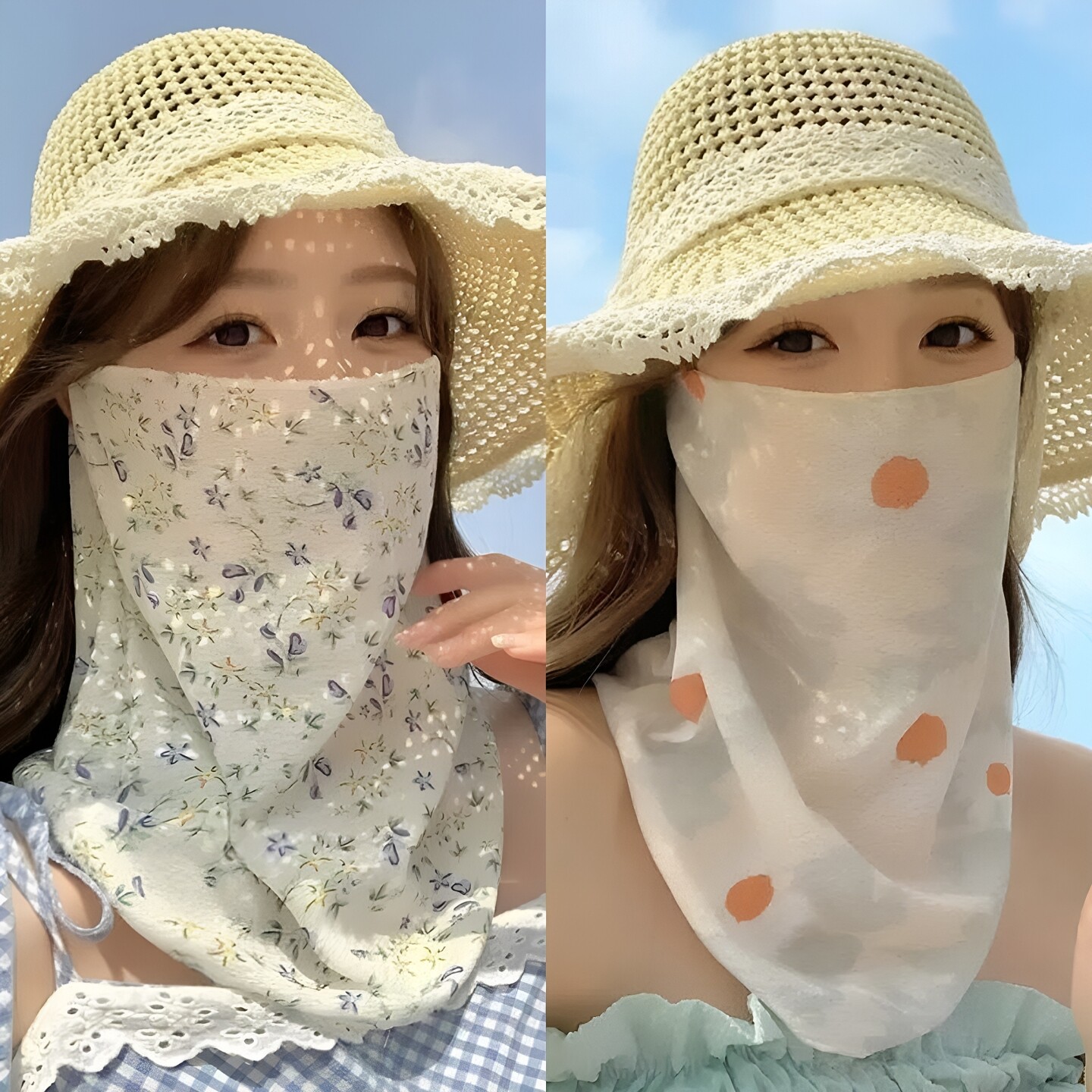 夏天小碎花防晒面罩女士旅游挂耳易呼吸全脸护颈骑车口罩遮阳面纱