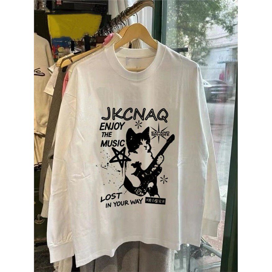 秋冬新款潮流长袖T恤男美式休闲吉他猫咪棉重磅大码上衣打底衫女