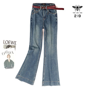 219欧货小蜜蜂春季小个子高腰复古弹力牛仔裤显瘦时尚微喇长裤女