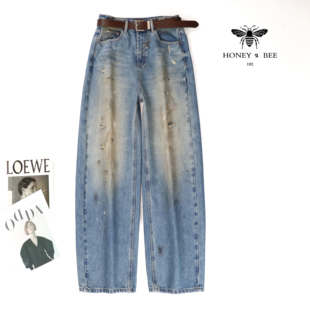 宽松气质高腰弯刀牛仔裤 欧货小蜜蜂春季 垂感香蕉裤 做旧时尚 女 新款