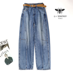 宽松显瘦阔腿直筒弯刀牛仔裤 宽松弹力香蕉裤 女 时尚 欧货小蜜蜂春季