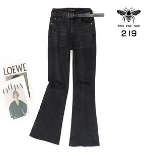 显瘦九分微喇裤 219欧货小蜜蜂春夏黑色破洞弹力牛仔裤 小个子时尚