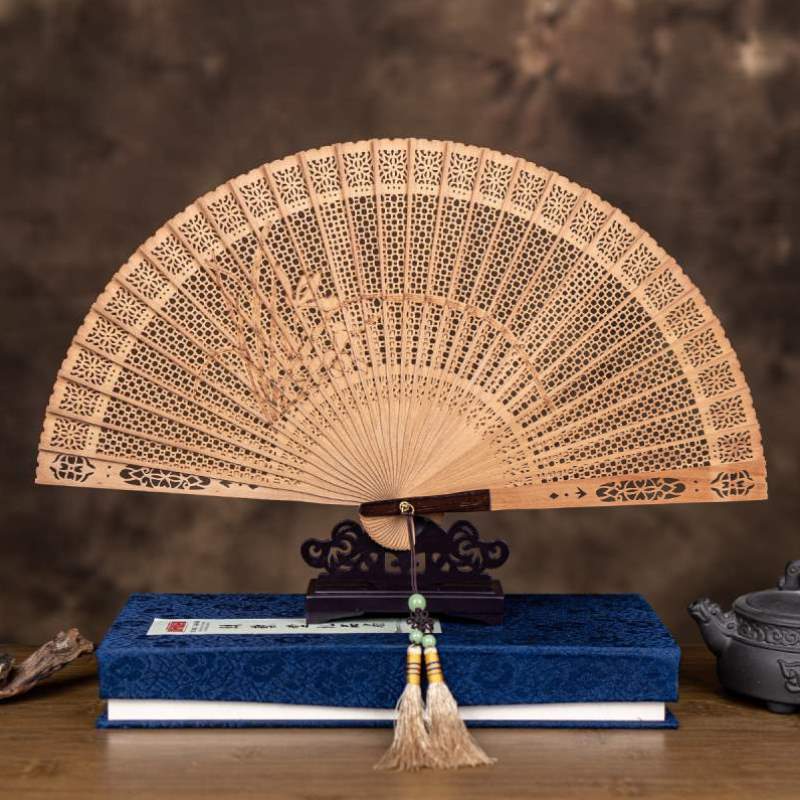 折扇风女式工艺礼品香木丝艺堂镂空古风古典缅扇子全木扇中国女扇