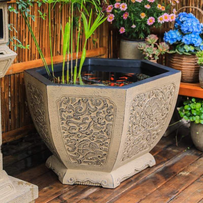 鱼缸庭院花园汉韵堂造景大鱼池仿石花盆布置口径水养装饰花园露台