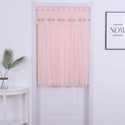 艺免遮挡打孔帘布隔断蕾丝门帘帘帘子家用卧室半半截纱帘粉色双层