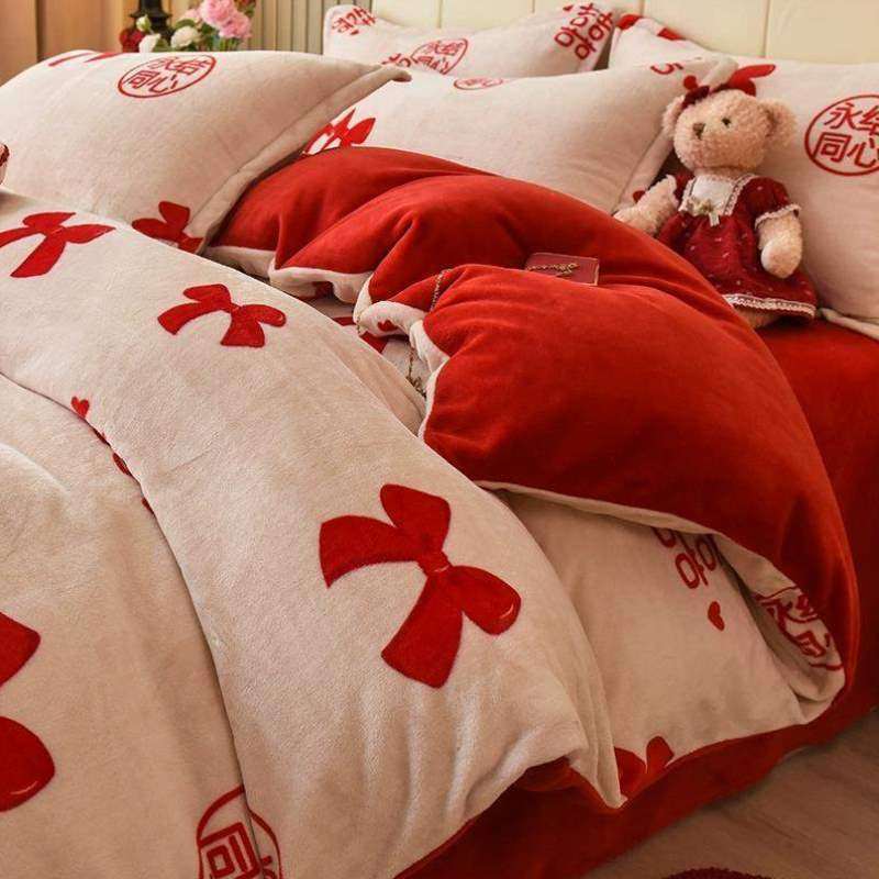 2023红色婚嫁牛奶婚庆婚礼喜庆喜新款四件套结婚被绒床单