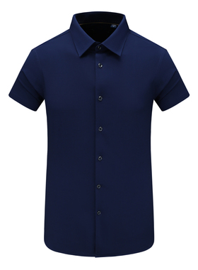 F3932鸟夏季男式短袖衬衫 百搭商务休闲上衣 蓝黑色微弹