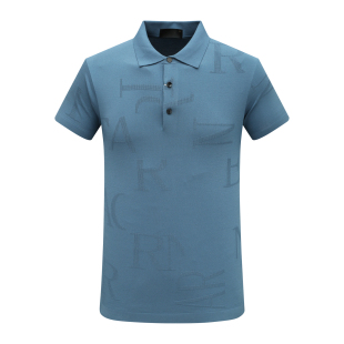 棉翻领套头休闲商务上衣 KN57康L尼L男式 T恤 短袖 灰蓝色 夏季