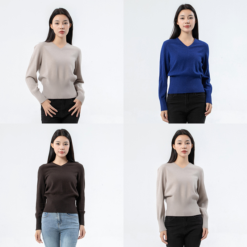 休闲山羊绒毛衣长袖V领套头
