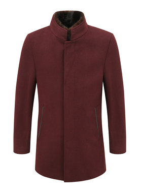MY494美秋冬男式大衣 羊毛水貂毛领直排扣保暖防风外套 暗红色