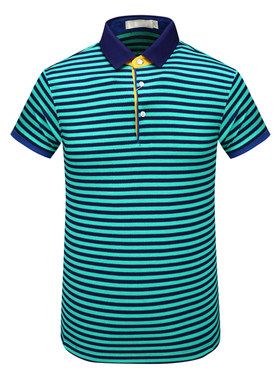 MY300美尔男式夏季短袖T恤 桑蚕丝翻领套头休闲商务上衣 绿色条纹