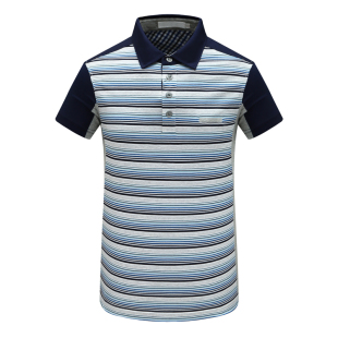 棉翻领套头休闲商务上衣 MY283美尔男式 T恤 短袖 灰蓝条纹 夏季