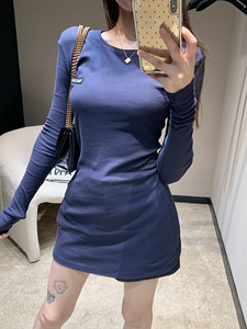 阿缪早秋长袖T罗纹针织长款T恤女薄款上衣包臀连衣裙藏蓝打底衫潮