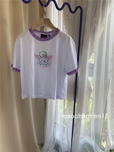 刺绣紫色蕾丝圆领白色短袖t恤