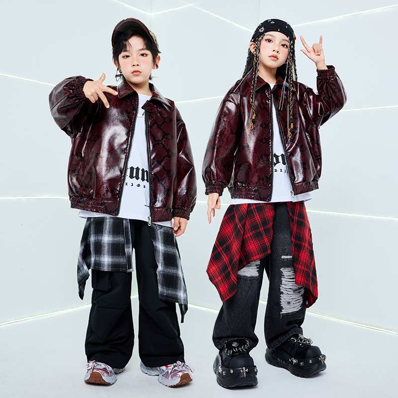 儿童街舞演出服爵士舞套装棕红色皮衣男童潮服少儿hiphop嘻哈女秋
