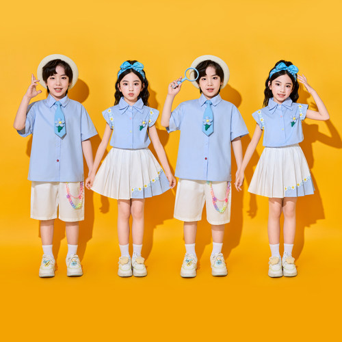 六一儿童演出服小学生运动会开幕式啦啦操蓝色衬衫班服合唱服表演
