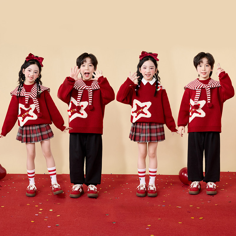 元旦儿童演出服合唱服表演服拜年服幼儿园小学生毛衣啦啦队亲子装