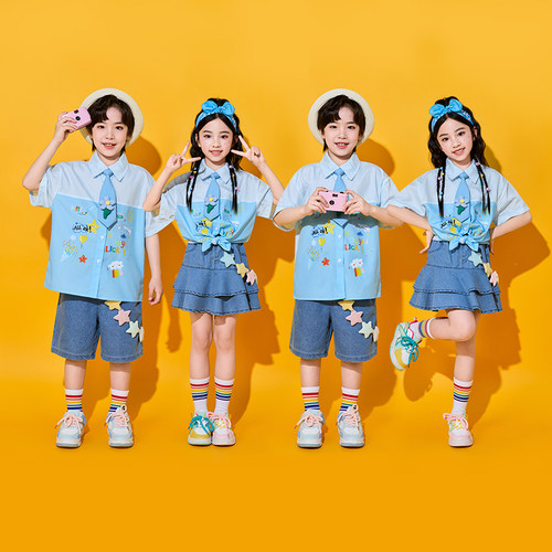 六一儿童演出服小学生运动会啦啦操蓝色拼接衬衫班服表演服合唱服