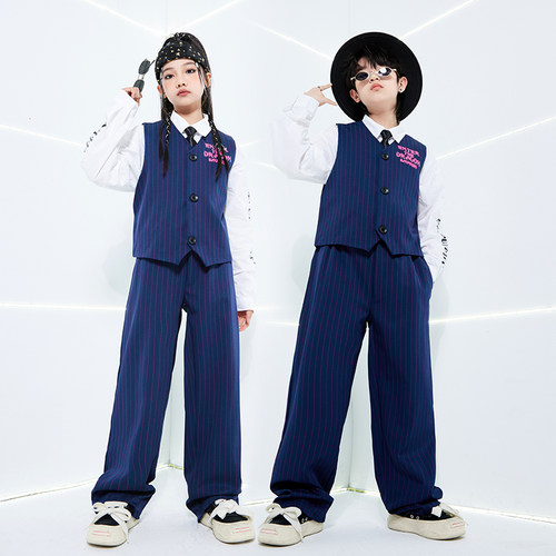 儿童爵士舞套装藏青西装马甲潮服