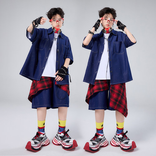 儿童街舞潮服演出服男童hiphop童装嘻哈女架子鼓深蓝亮片牛仔套装
