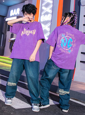 街舞儿童潮服嘻哈紫色T恤夏 hiphop童装走秀女男童套装少儿演出服