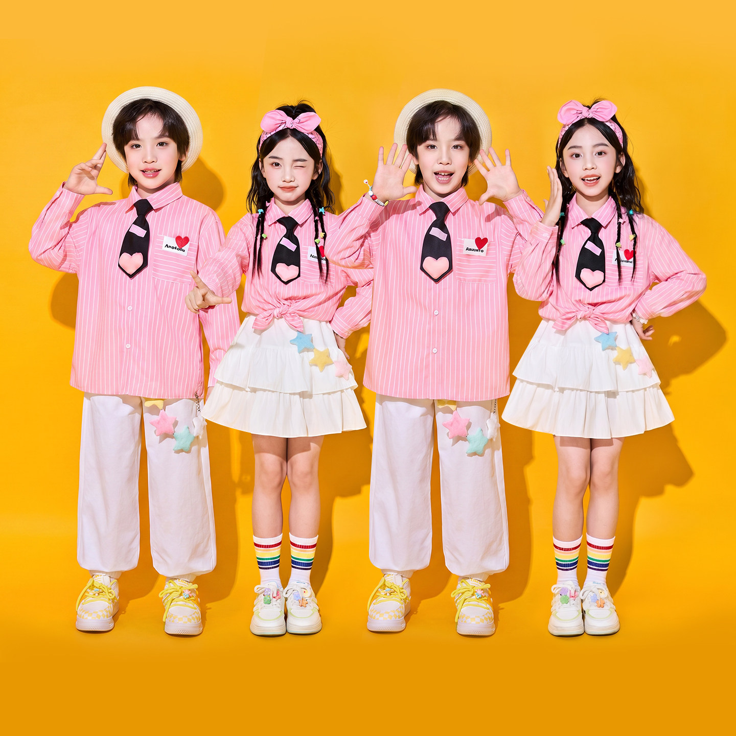 儿童演出服小学生运动会啦啦操班服合唱表演粉色条纹衬衫牛仔秋季
