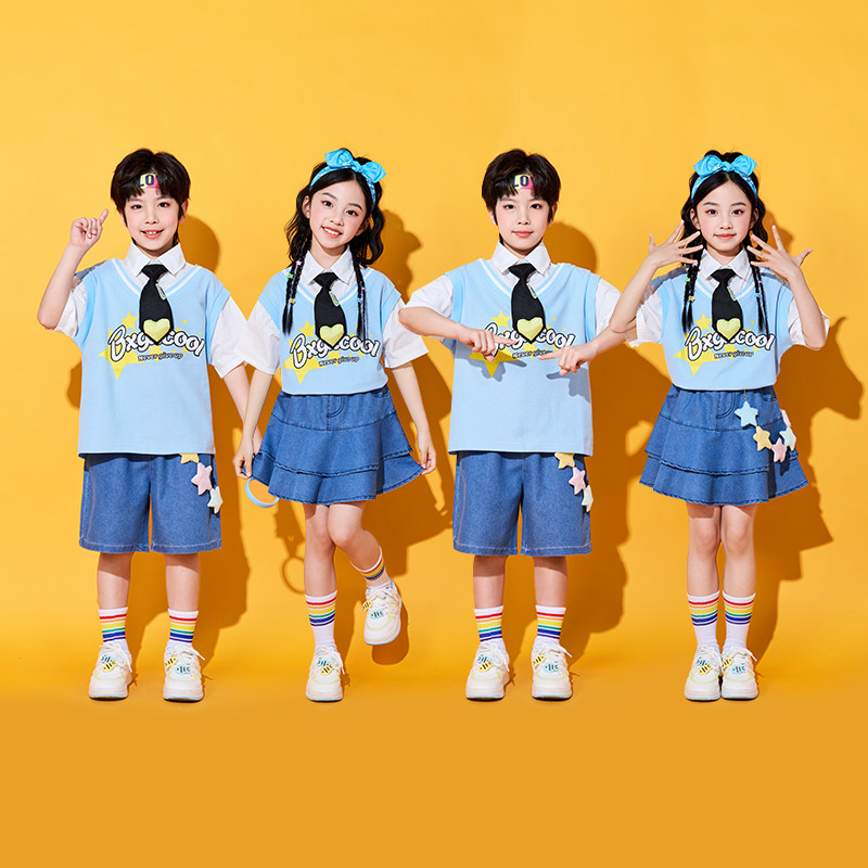 六一儿童演出服小学生运动会啦啦操蓝色牛仔套装班服表演服合唱服