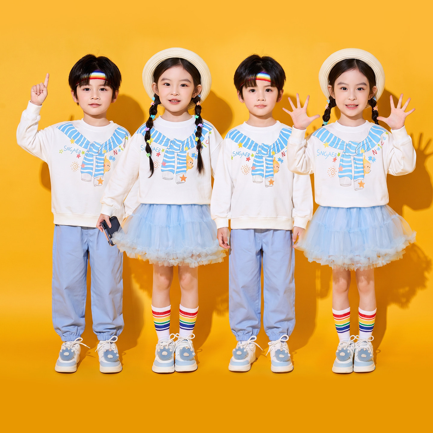 儿童演出服小学生运动会啦啦操班服合唱表演卡通卫衣蓝色纱裙秋季